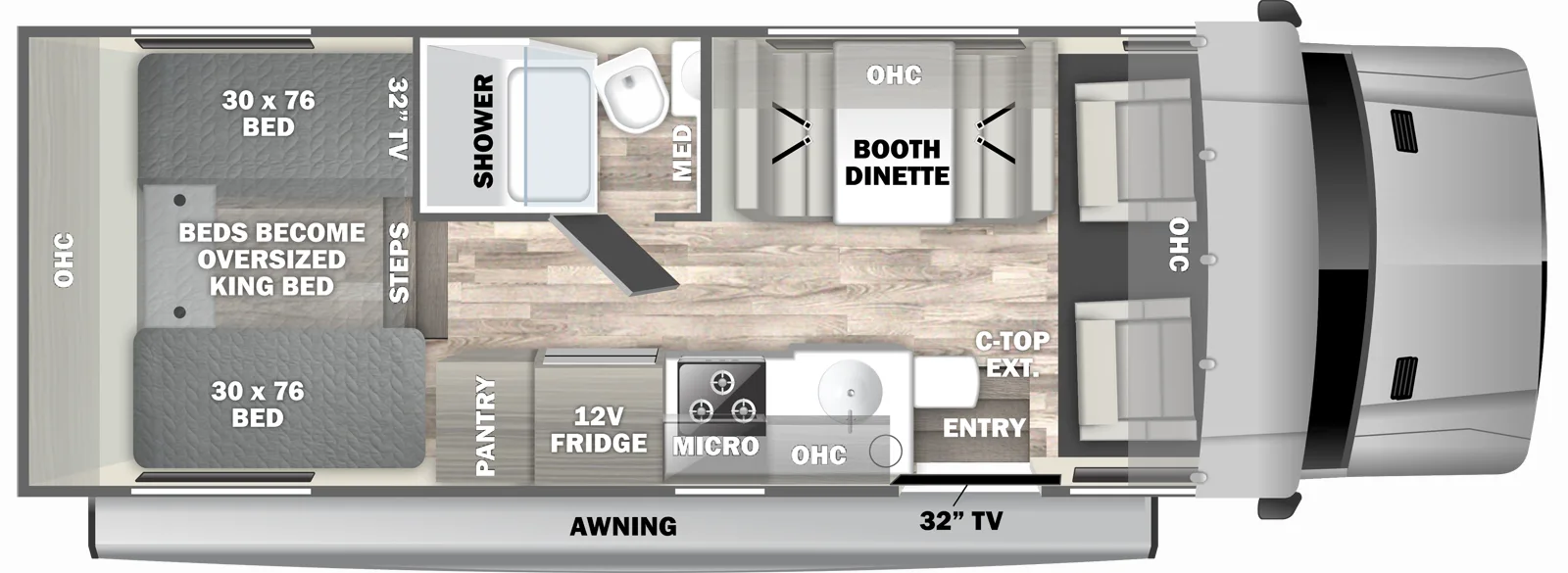The Isata 3 24TW floorplan has one entry and zero slide outs. Interiors features include: rear bedroom and dinette.